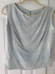 Vintage 60s Beaded Sequined Sleeveless Shell Tank Top Light Blue Silk Lined EUC - Picture 1 of 6