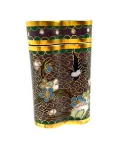 VTG Chinese Cloisonné Enamel Trefoil Shape Snuff Trinket Pill Box Bird Flowers - Picture 1 of 10