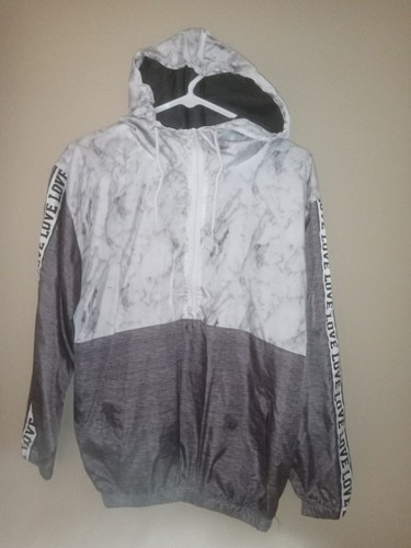 VETEMENTS Dazl Hoodie Windbreaker Jacket Womens Medium Gray 1 4 Zip Love Graphic