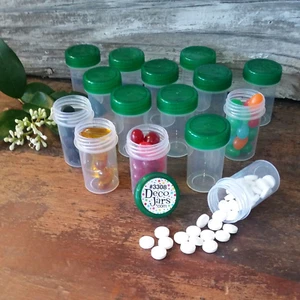 Small Plastic Pill Bottles  12 Jars Green CAPS  Containers #3308 DecoJars USA - Picture 1 of 5