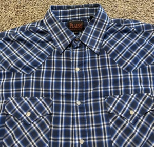 Plains Western Wear Mens Shirt Button Down Size Large Snap Blue Plaid Long  - Picture 1 of 7