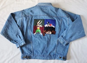 SIX FLAGS Looney Tunes Warner Bros Denim Jacket Size Lg Embroidered Vtg Cotton - Picture 1 of 11