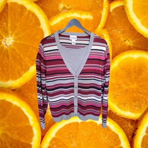 Breckenridge Red, Pink Gray and White Striped Cardigan w/Attached Shirt Size L - Picture 1 of 7