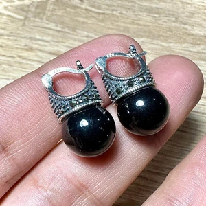 925 Sterling Silver Black Pearl Stud Earrings for Women Marcasite Free Shipping - Picture 1 of 9