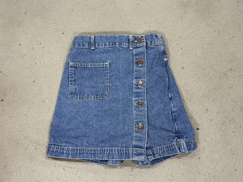 Denim Skort Girls 12 Blue Button Front Wrap A-Line Patch Pocket 100% Cotton USA - Image 1 of 4