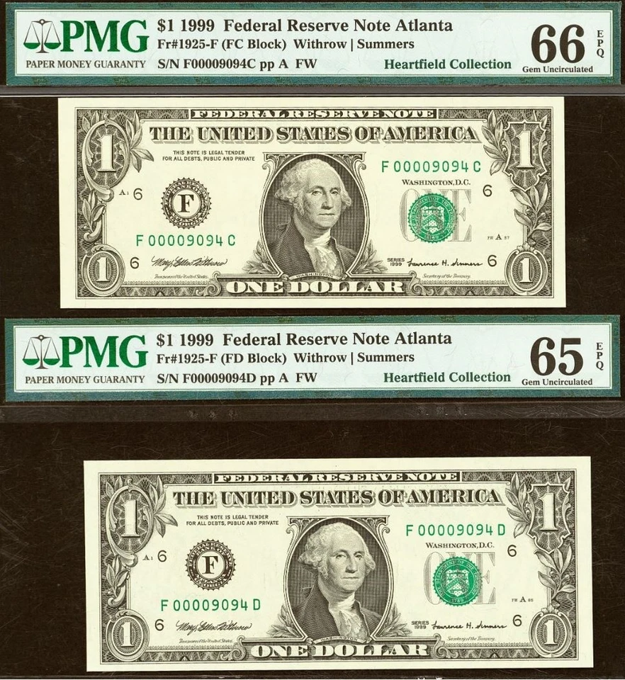 1999 $1 FRN PMG 66EPQ - Matching District & Digits Low Serial Number 00009094 - Image 1 of 4