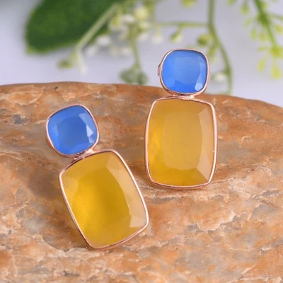 Natural Yellow & Blue Chalcedony Gemstone Statement Earrings Rose Gold Plated - Image 1 of 4
