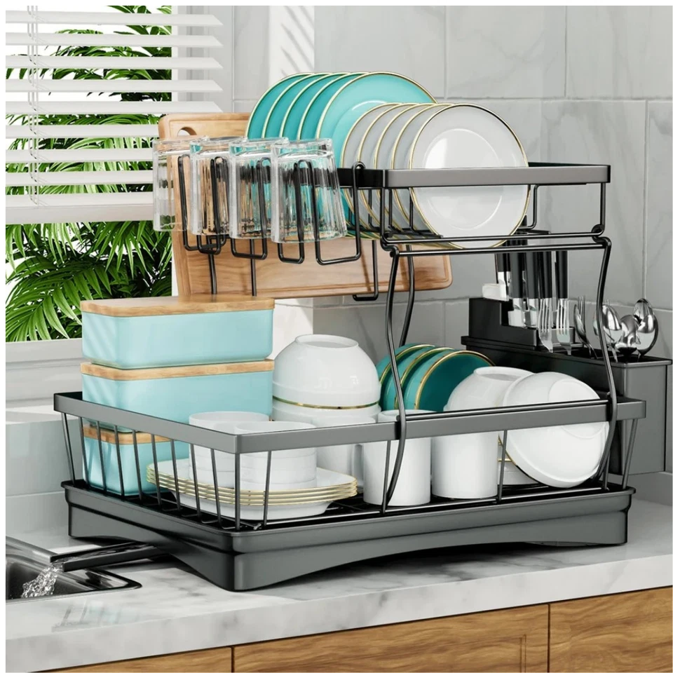 2 Tier Stainless Steel Dish Drying Drainer Adjustable Organizer Storage Rack. - Image 1 of 4