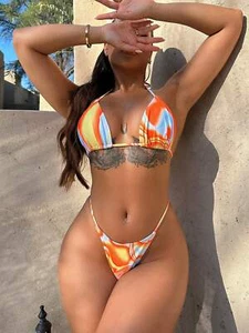 Multicolored Swim Set: Three-Piece Drawstring Ruched Swimsuit - Picture 1 of 6