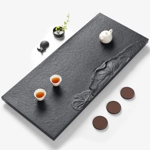 Water Draining Tea Tray Lotus Design Carved Black Stone Serving Tray Embossed - Picture 1 of 8