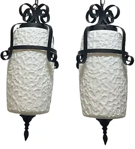 VTG Pair Thomas Industries Hanging Light MCM Wrought Iron White Textured Globes - Picture 1 of 23