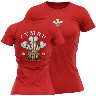 THE CLOTHING SHED Welsh Damen Rugby T-Shirt Cymru Federn Abzeichen vorne und hinten Druck Shirt Co...