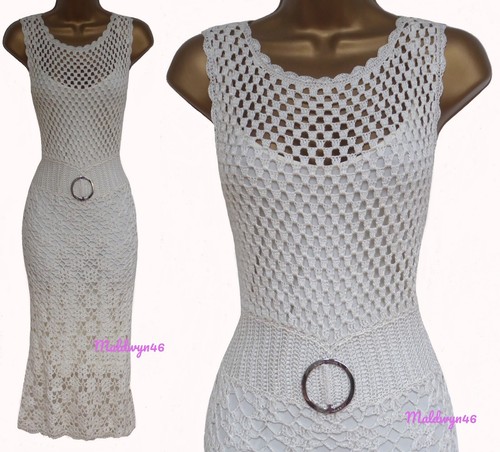 OFF WHITE KAREN MILLEN ✩ ABITO ESTIVO CLASSICO AVORIO CREMA 2 PEZZI ALL'UNCINETTO ✩ UK 10 12