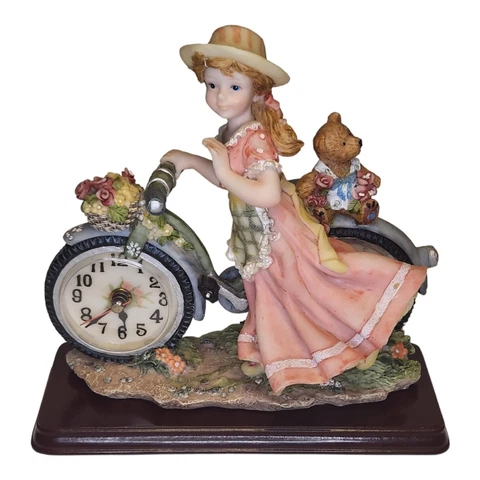 Charming Vintage De Elina Figurine Clock: Whimsical Girl & Her Bike with Bear Cover