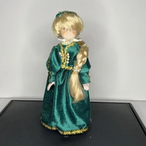 VTG Peabody & Wright Porcelain Soft Body Rapunzel Doll Green Velvet Dress 7.5" - Picture 1 of 7