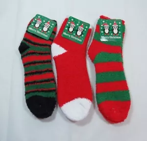 Slipper Fuzzy 3PK Christmas Red Green Crew Socks Womans size 9-11 Warm Soft Cozy - Picture 1 of 2