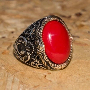 Solid 925 Sterling Silver AA Italian Red Coral Gemstone Signet Gift Men's Ring - Picture 1 of 9