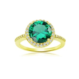 Round Halo Simulated Emerald & Cubic Zirconia Ring in Gold Plated Silver, Size 6 - Picture 1 of 4