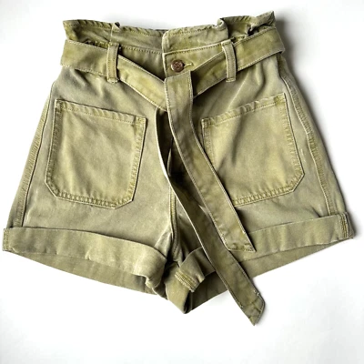 Zara Green Denim Paperbag Rolled Hem High Waisted Shorts w/ Belt-Womens Size 2-S - Image 1 of 4