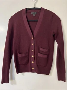 J Crew Black Label burgundy ribbon trim merino wool cardigan w/pockets, Size XXS - Picture 1 of 7
