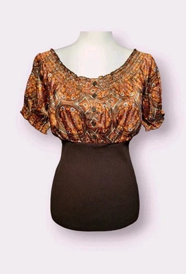 Blusa pequeña ajustada satinada para mujer Y2K marrón chocolate años 70 boho retro caprichosa  Foto 1 de 4