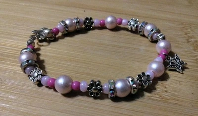 Handmade 6.5in Elastic Bracelet-Plastic and Glass-Iridescent Rhinestone Spacers. - Image 1 of 4