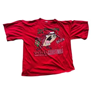 VTG Looney Tunes Taz Devil Red Wild Single Stitch Christmas Graphic Tee Size 2XL - Picture 1 of 7