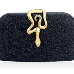 Elegant Black Glitter Clutch w/ Gold Crystal Snake Accent Closure Cocktail Purse - Picture 1 of 5