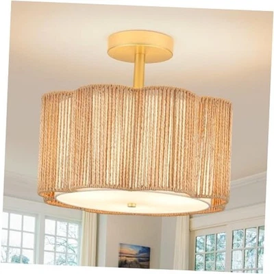 Rattan Semi Flush Mount Ceiling Light, 3-Light Boho Ceiling Lights, Yellow - Image 1 of 4