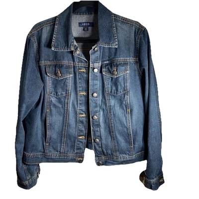 Jaqueta jeans feminina Izod estilo caminhoneiro rancher resistente azul denim tamanho grande em excelente estado usado - Imagem 1 de 4