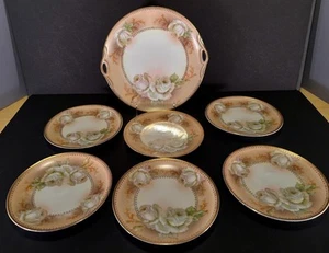 7 PC. AUSTRIA GERMANY HUS WHITE CABAGE ROSE SERVING PLATE & 6 DESSERT GOLD TRIM - Picture 1 of 7