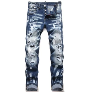 Dunkelblaue Denim Jeans gerades Bein Freizeithose gerissene Löcher Punkhose für Herren - Bild 1 von 9