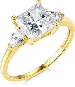 2.75 Ct Princess Pear Cut Real 14K Yellow Gold 3 Three Stone Engagement Ring - Picture 1 of 3