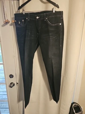 True Religion Jeans Mens Sz 42 Ricky Big T Flap Relaxed Straight Black Denim - Image 1 of 4