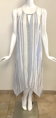 Vestido INC Halter Cuello Blanco/Azul Rayas Fluido Asimétrico Dobladillo Gasa Talla L Foto 1 de 4