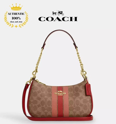 ❤️ Borsa a tracolla Coach Teri firmata tela righe CAL81 marrone borsa multi 2 vie nuova