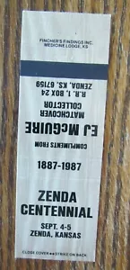 ZENDA, KANSAS: ZEDNA CENTENNIAL MATCHBOOK MATCHCOVER (EJ McGUIRE) -E - Imagen 1 de 1