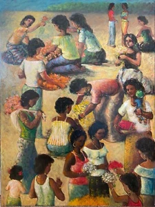 Ladies at the Market by Alberto Huapaya - Original Oil Painting - Picture 1 of 4