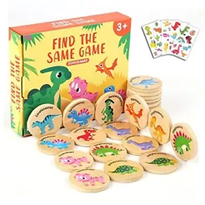 Wooden Match Memory Game for Kids, 24Pc Memory Matching Cards with 5Pc Dinosaur - Picture 1 of 7