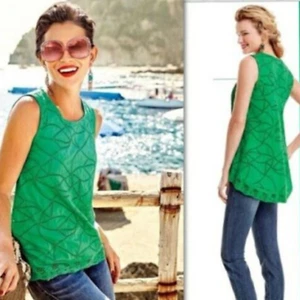 Cabi Eyelet Top Green Tank Lace 100% Cotton XS Blouse Back Pleat Shirt High Low - Picture 1 of 12