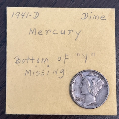 1941 D 10C ERROR BOTTOM OF “Y” IS MISSING MERCURY SILVER DIME Cover
