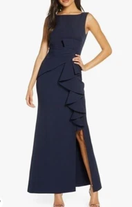 Eliza J Ruffle Bow Trumpet Gown Navy Blue Sleeveless Maxi Slit Stretch Sz 4 - Picture 1 of 7