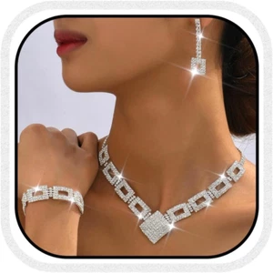 Crystal Bridal Wedding Jewelry Set Silver Rhinestone Necklace Earrings Bracelet - Picture 1 of 12