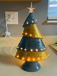 Ceramic Christmas Tree Modern, Hand Made Lighted , Silver And Gold With Star - Picture 1 of 2
