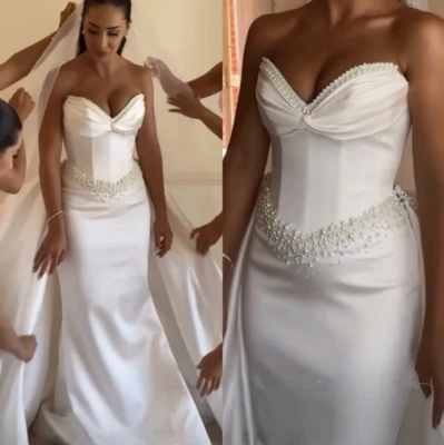 Elegant Pearls Beaded White Mermaid Wedding Dresses With Detachable Train Bridal - Image 1 of 4