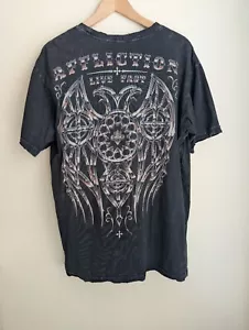 Affliction Men Shirt Live Fast Short Sleeve Crew Neck Fleur Eagle in Black Wash - Picture 1 of 6