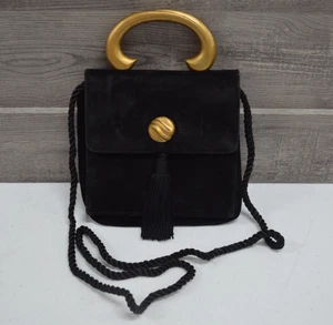 Vintage Abendhandtasche schwarz Samt goldener Griff Knopf Tasse - Bild 1 von 7