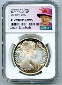 2026 GB £5 QEII PORTRAITS OF A QUEEN 1. BILDNIS 1OZ SILBER PROOF NGC PF70 - Bild 1 von 6