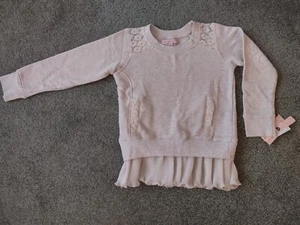Little Girl's Cute Sweatshirt Top, Oatmeal Color, Lace, Peplum, Pockets. S, New - Picture 1 of 10