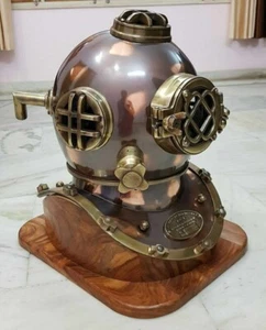 18" Steel & Brass Diving Scuba Us Navy Mark V Deep Divers Helmet W/ Wooden Base - Picture 1 of 3